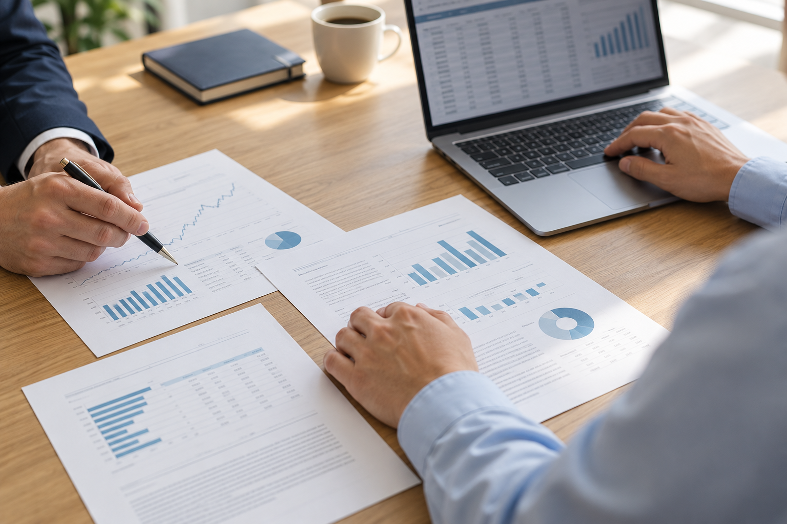 Business owners reviewing financial documents during a sale discussion