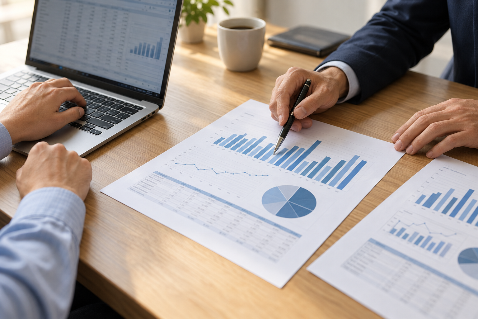 Two people reviewing financial charts at a desk