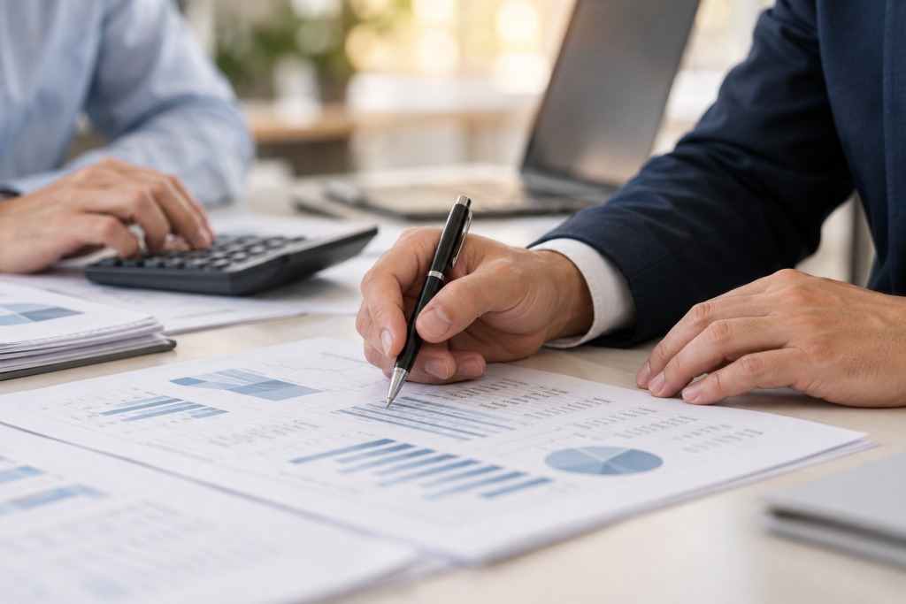 Advisers reviewing financial statements and working capital figures during sale preparation
